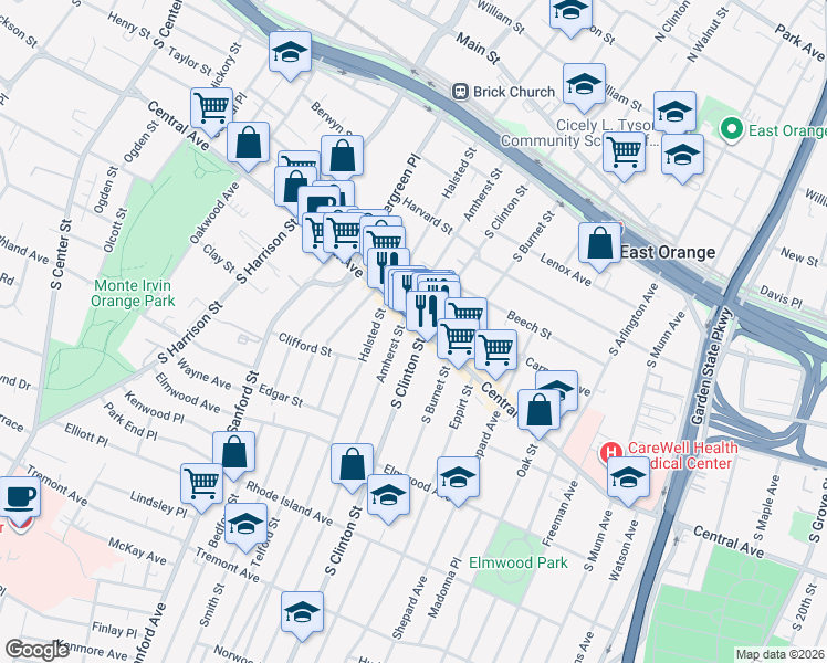 map of restaurants, bars, coffee shops, grocery stores, and more near 206 Amherst Street in East Orange