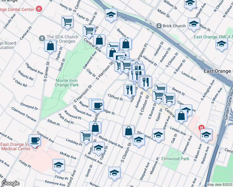map of restaurants, bars, coffee shops, grocery stores, and more near 2 Whittier Street in East Orange