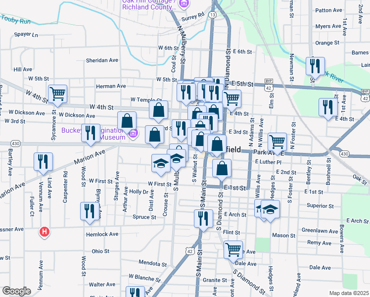 map of restaurants, bars, coffee shops, grocery stores, and more near 51 West Luther Place in Mansfield