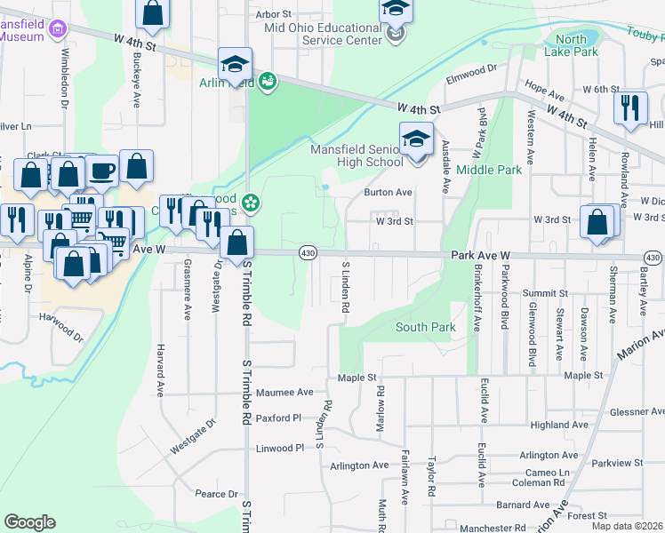 map of restaurants, bars, coffee shops, grocery stores, and more near 33 Glenbeck Lane in Mansfield