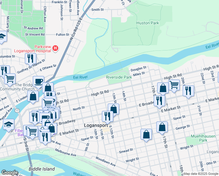 map of restaurants, bars, coffee shops, grocery stores, and more near 1215 High St in Logansport