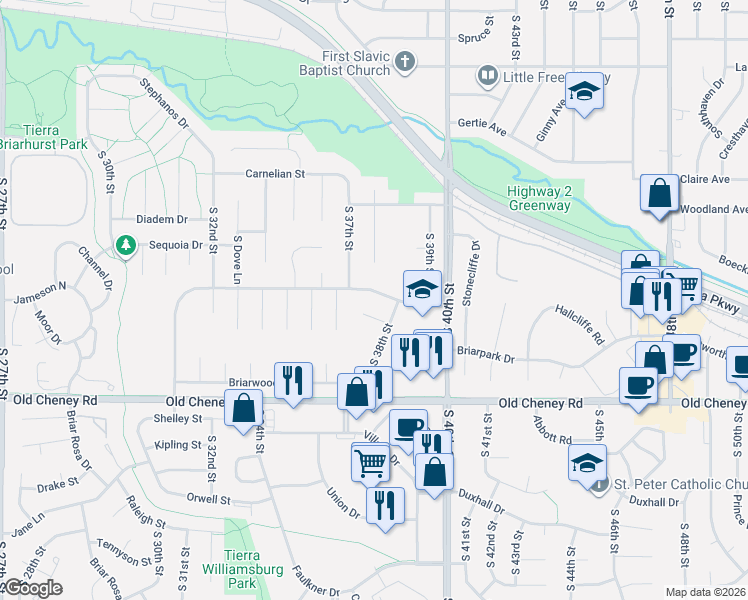 map of restaurants, bars, coffee shops, grocery stores, and more near 5507 South 38th Street in Lincoln