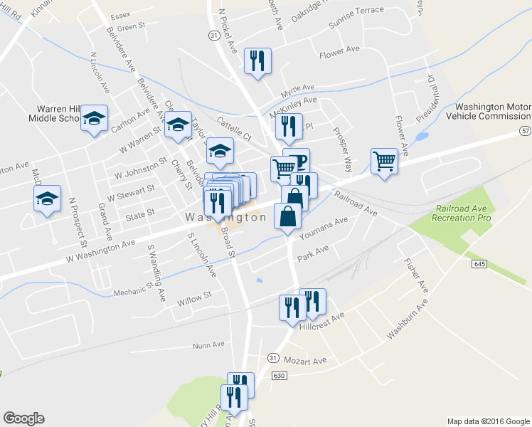 map of restaurants, bars, coffee shops, grocery stores, and more near 111 East Washington Avenue in Washington