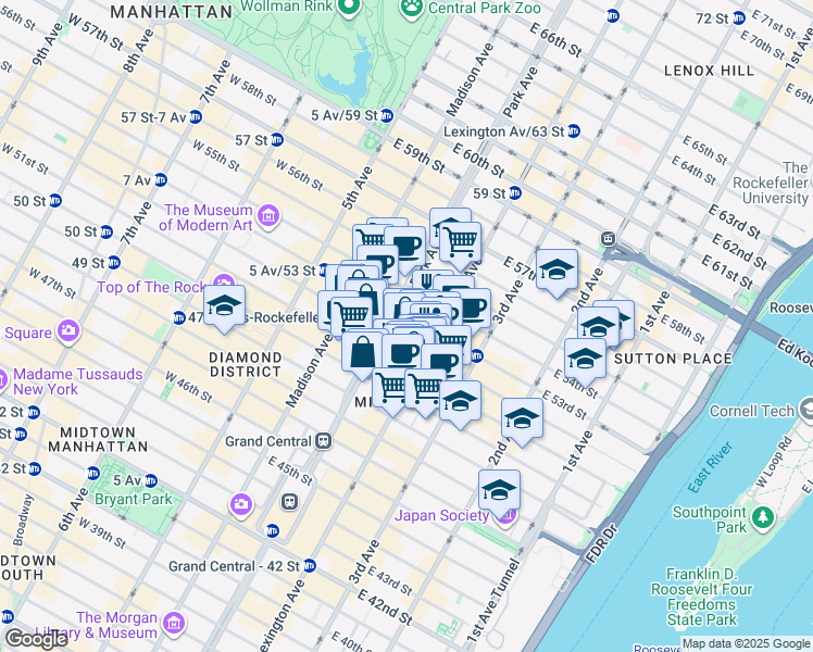 map of restaurants, bars, coffee shops, grocery stores, and more near 375 Park Avenue in New York