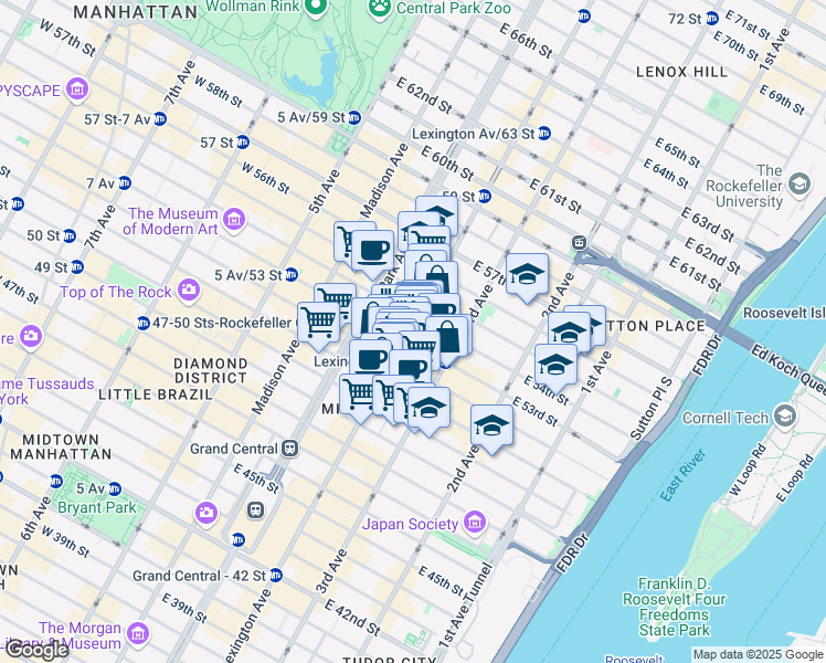 map of restaurants, bars, coffee shops, grocery stores, and more near 601 Lexington Avenue in New York