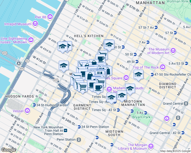 map of restaurants, bars, coffee shops, grocery stores, and more near in New York