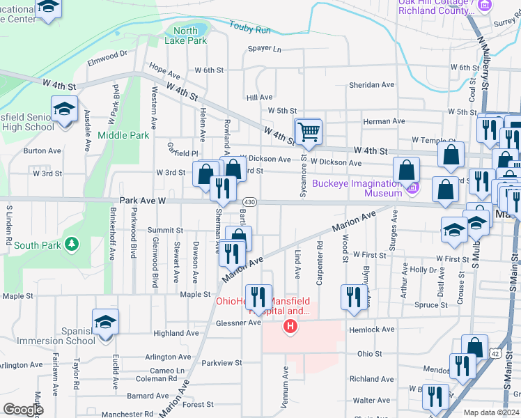 map of restaurants, bars, coffee shops, grocery stores, and more near 437 Park Avenue West in Mansfield