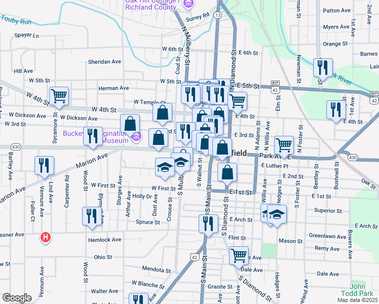 map of restaurants, bars, coffee shops, grocery stores, and more near 53 Park Avenue West in Mansfield