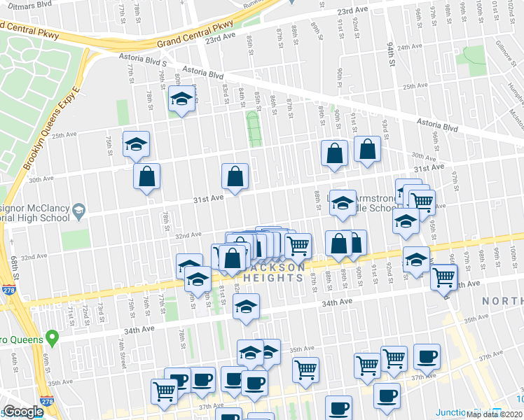 map of restaurants, bars, coffee shops, grocery stores, and more near 31-27 84th Street in Queens