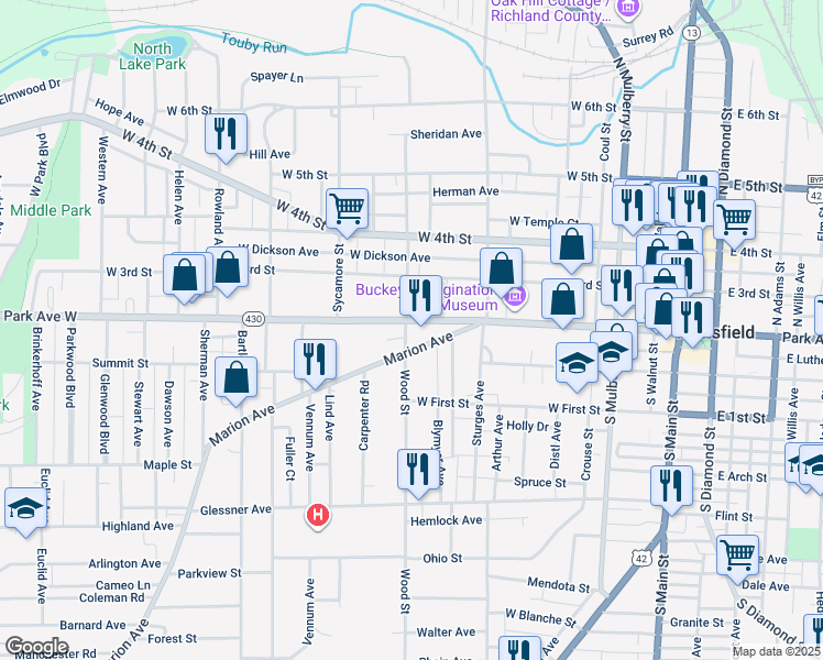 map of restaurants, bars, coffee shops, grocery stores, and more near 283 Park Avenue West in Mansfield