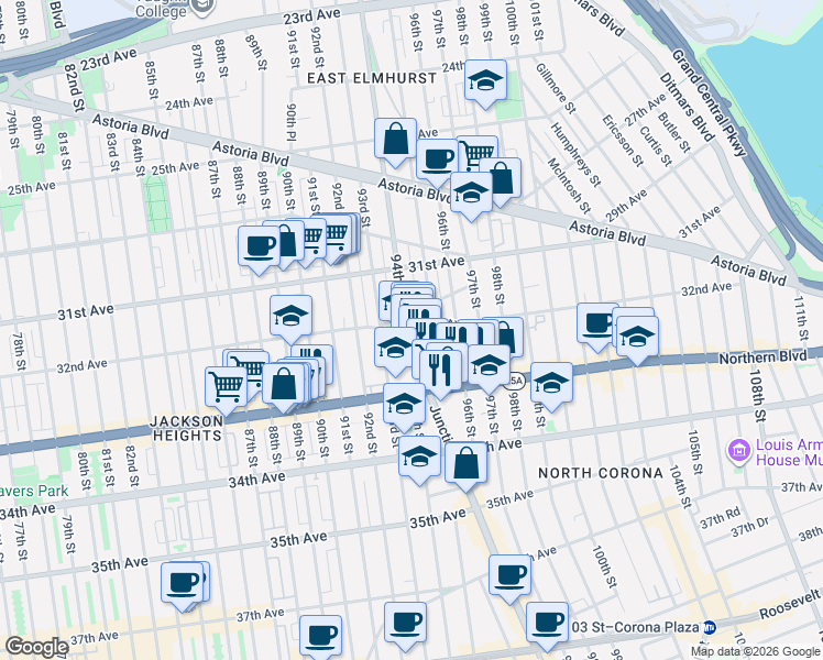 map of restaurants, bars, coffee shops, grocery stores, and more near in Queens