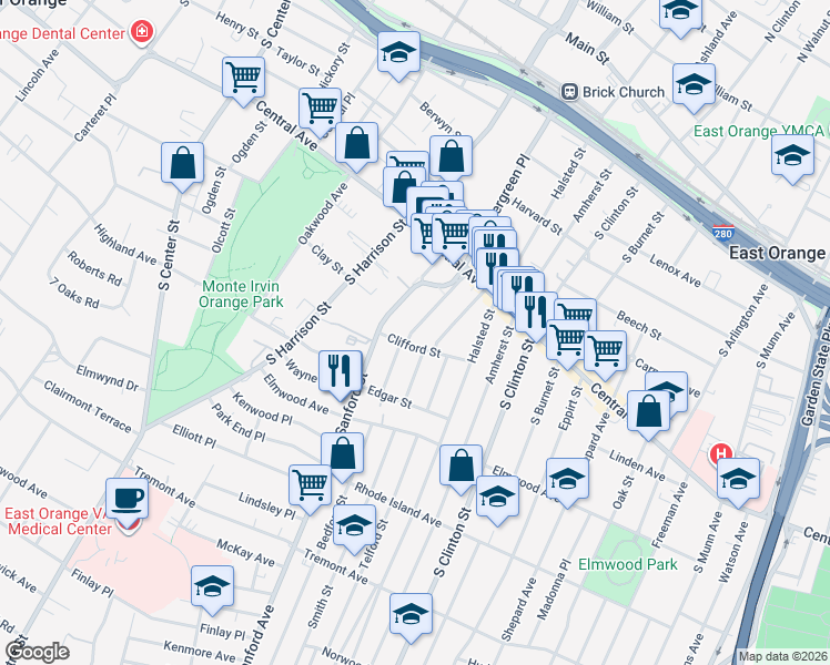 map of restaurants, bars, coffee shops, grocery stores, and more near 2 Whittier Street in East Orange