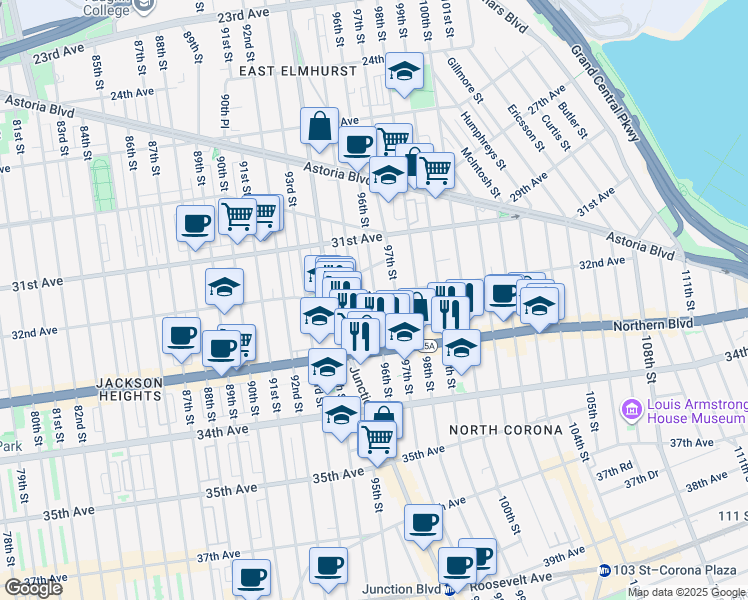 map of restaurants, bars, coffee shops, grocery stores, and more near 95-64 32nd Avenue in Queens