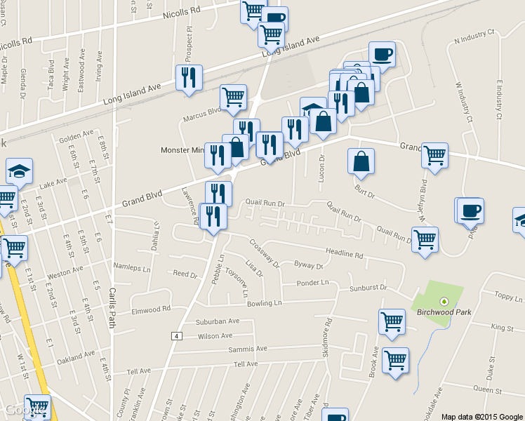 map of restaurants, bars, coffee shops, grocery stores, and more near 24 Quail Run Drive in Deer Park