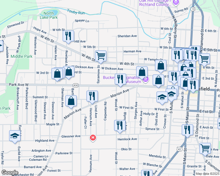 map of restaurants, bars, coffee shops, grocery stores, and more near 317 Park Avenue West in Mansfield