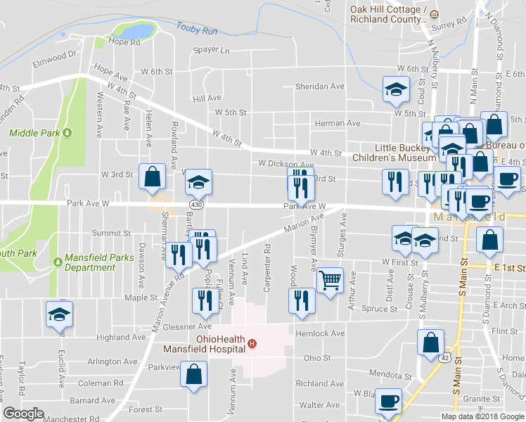map of restaurants, bars, coffee shops, grocery stores, and more near 343 Park Avenue West in Mansfield
