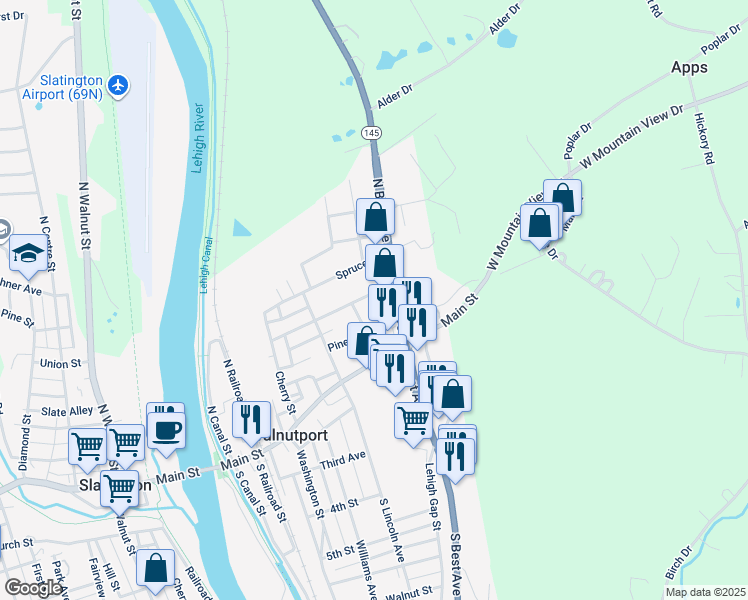 map of restaurants, bars, coffee shops, grocery stores, and more near 348 Oak Street in Walnutport