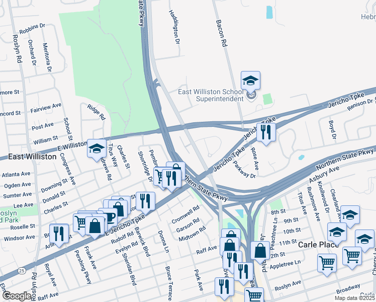 map of restaurants, bars, coffee shops, grocery stores, and more near 24 Laurel Lane in Old Westbury