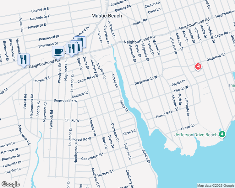 map of restaurants, bars, coffee shops, grocery stores, and more near 410 Riviera Drive in Mastic Beach