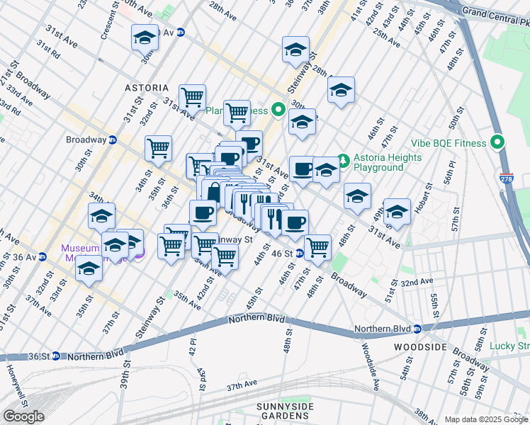 map of restaurants, bars, coffee shops, grocery stores, and more near 3166 43rd Street in Queens