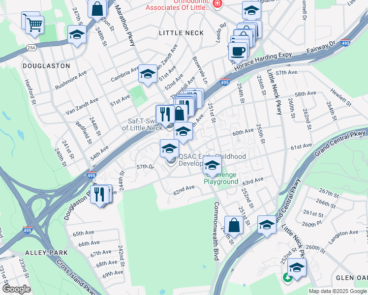 map of restaurants, bars, coffee shops, grocery stores, and more near 57-40 Marathon Parkway in Queens