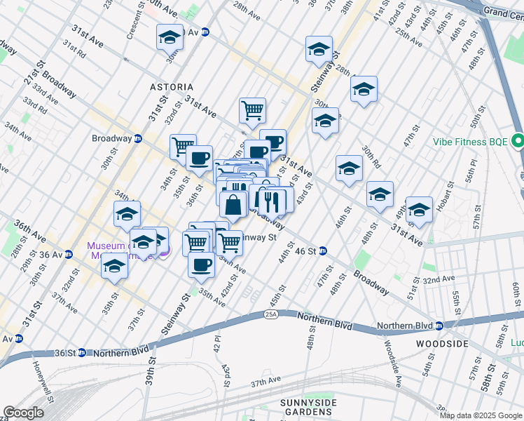 map of restaurants, bars, coffee shops, grocery stores, and more near 41-12 Broadway in Queens