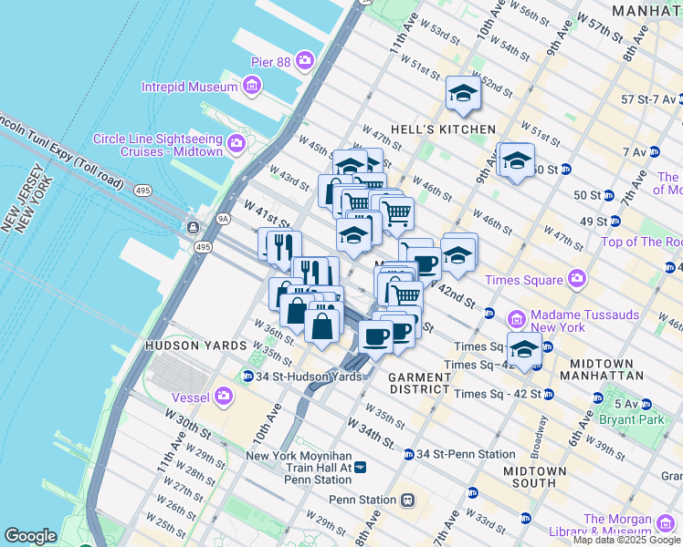 map of restaurants, bars, coffee shops, grocery stores, and more near 555 10th Avenue in New York
