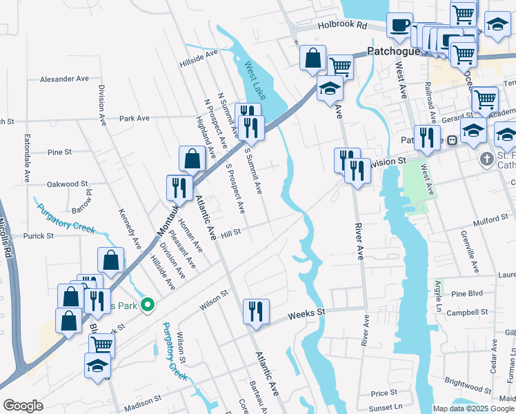 map of restaurants, bars, coffee shops, grocery stores, and more near 63 Hill Street in Patchogue