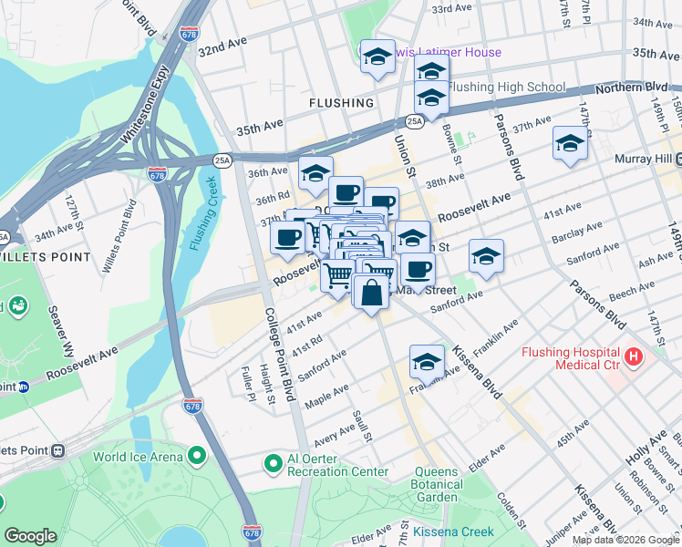 map of restaurants, bars, coffee shops, grocery stores, and more near 40-52 Main Street in Queens