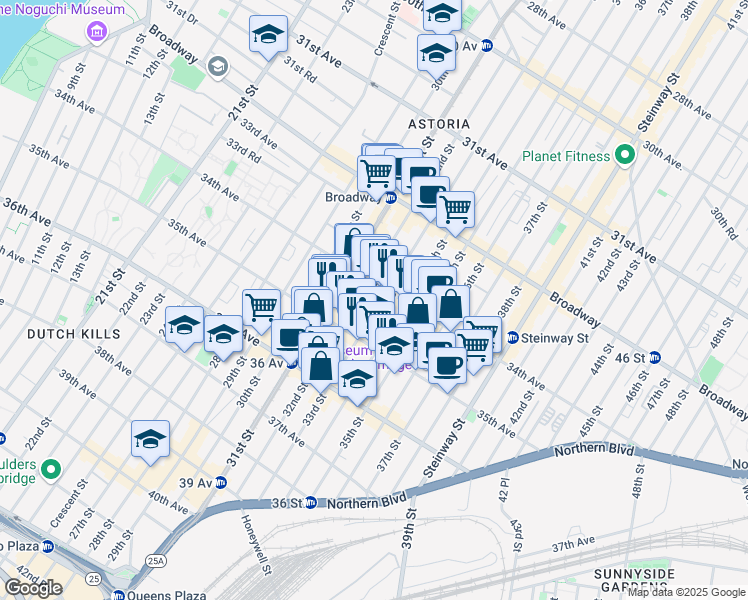 map of restaurants, bars, coffee shops, grocery stores, and more near 34-29 33rd Street in Queens