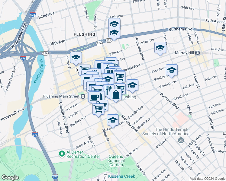 map of restaurants, bars, coffee shops, grocery stores, and more near 138-45 Barclay Avenue in Queens
