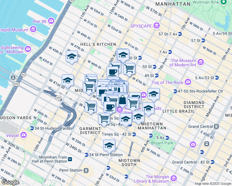 map of restaurants, bars, coffee shops, grocery stores, and more near 300 West 44th Street in New York