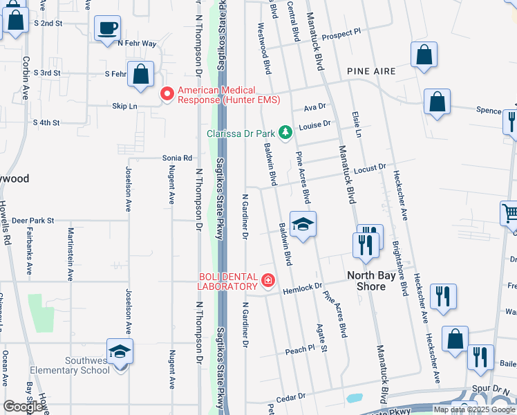 map of restaurants, bars, coffee shops, grocery stores, and more near 1599 North Gardiner Drive in Bay Shore