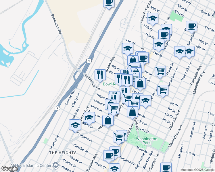 map of restaurants, bars, coffee shops, grocery stores, and more near 809 Secaucus Road in Jersey City