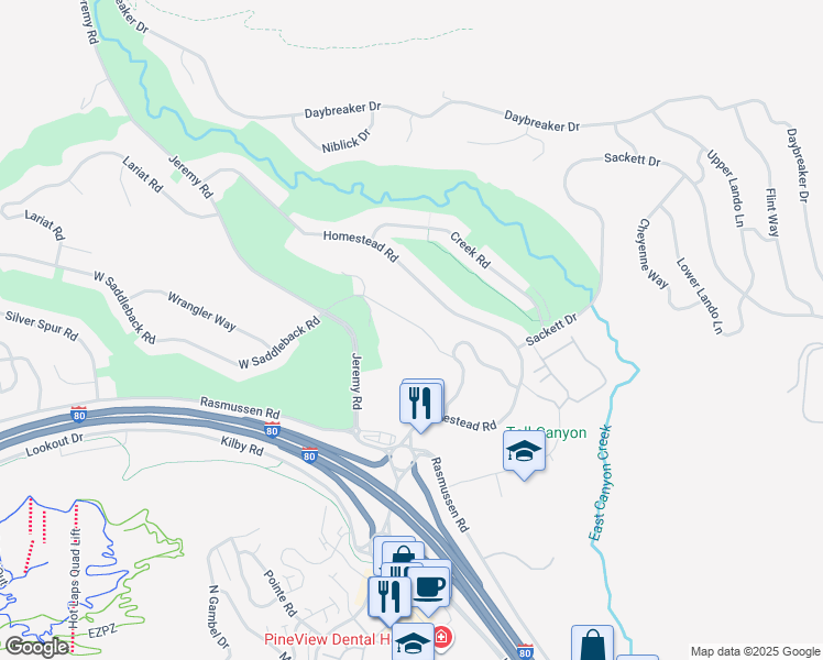 map of restaurants, bars, coffee shops, grocery stores, and more near 3157 Lower Saddleback Road in Park City