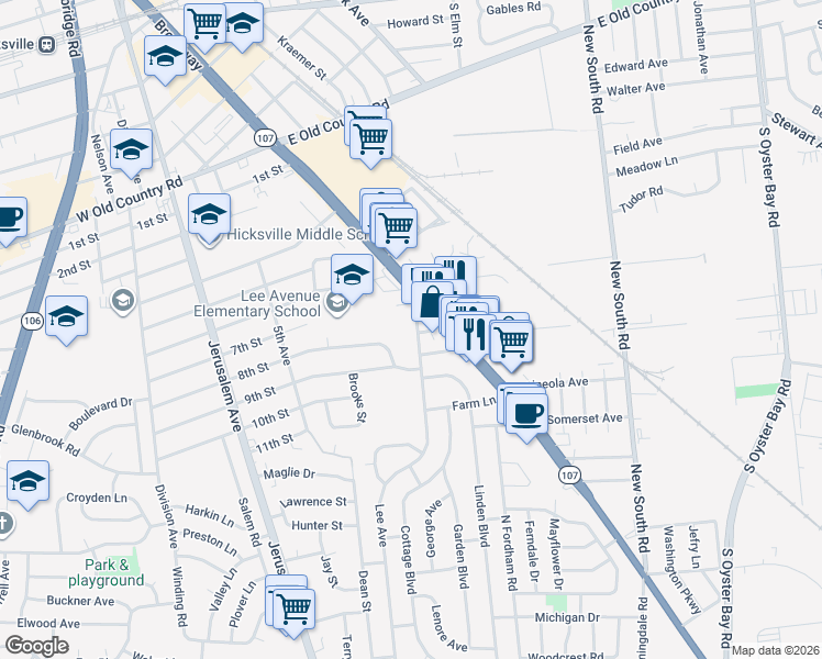 map of restaurants, bars, coffee shops, grocery stores, and more near 11 8th Street in Hicksville