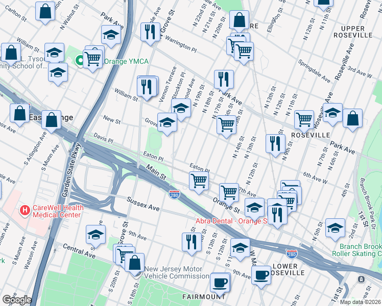 map of restaurants, bars, coffee shops, grocery stores, and more near 64 Eaton Place in East Orange