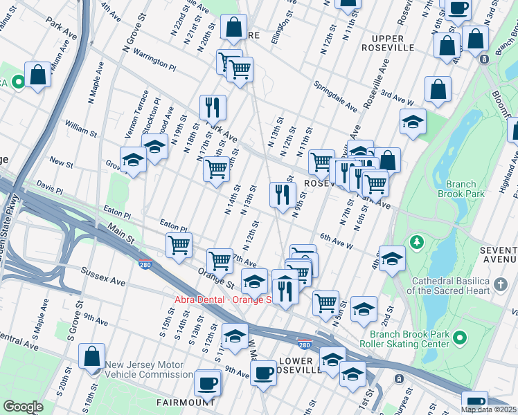 map of restaurants, bars, coffee shops, grocery stores, and more near 351 6th Avenue West in Newark