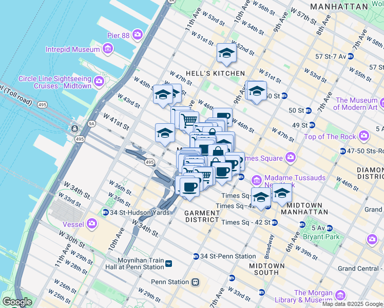 map of restaurants, bars, coffee shops, grocery stores, and more near 420 West 42nd Street in New York
