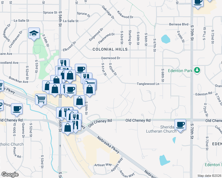 map of restaurants, bars, coffee shops, grocery stores, and more near 5421 South 61st Street Court in Lincoln