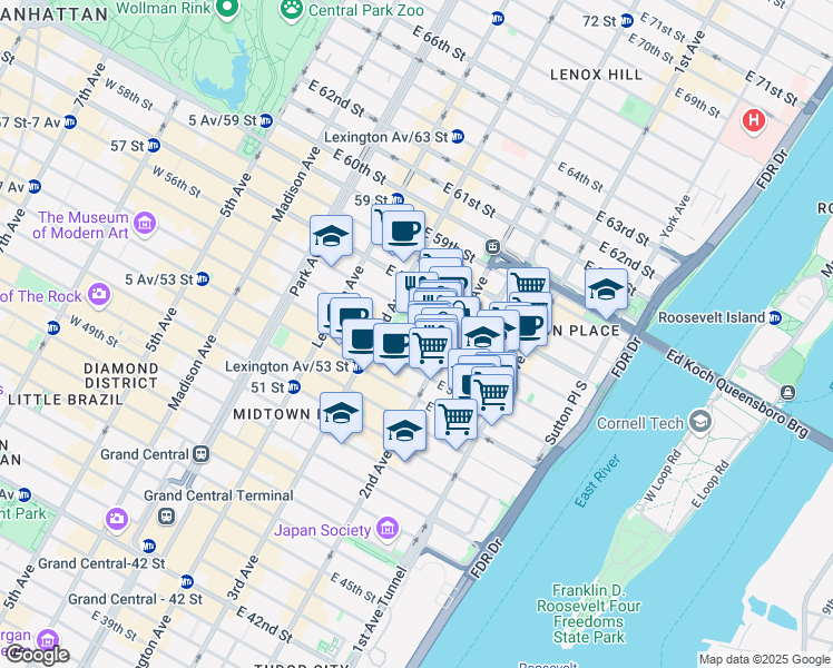 map of restaurants, bars, coffee shops, grocery stores, and more near 229 East 55th Street in New York