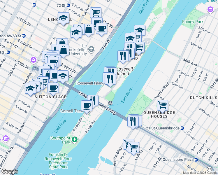 map of restaurants, bars, coffee shops, grocery stores, and more near 405-425 Main Street in New York