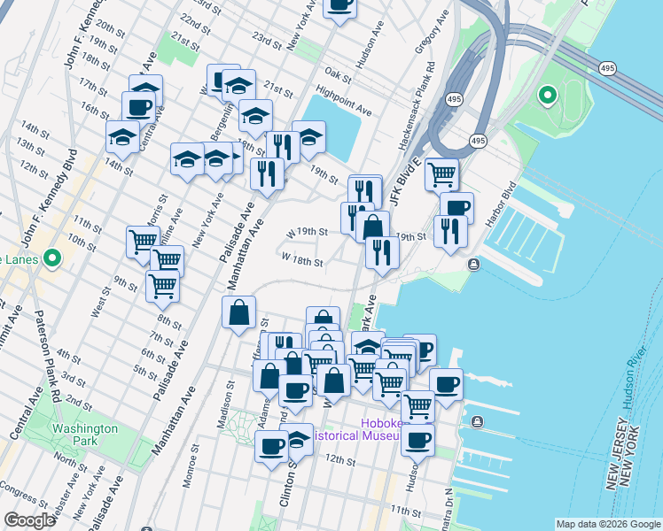 map of restaurants, bars, coffee shops, grocery stores, and more near 1710 Clinton Street in Hoboken