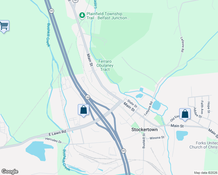 map of restaurants, bars, coffee shops, grocery stores, and more near 427 Main Street in Stockertown