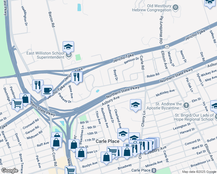 map of restaurants, bars, coffee shops, grocery stores, and more near 172 Parkway Drive in Westbury