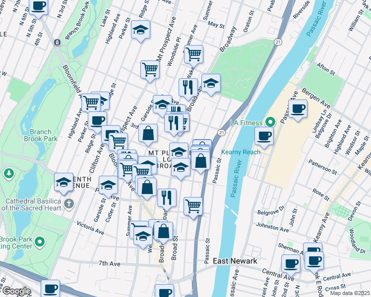 map of restaurants, bars, coffee shops, grocery stores, and more near 119 Broad Street in Newark