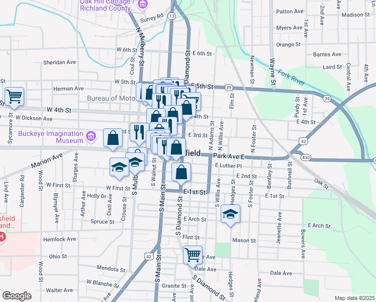 map of restaurants, bars, coffee shops, grocery stores, and more near 12 North Diamond Street in Mansfield