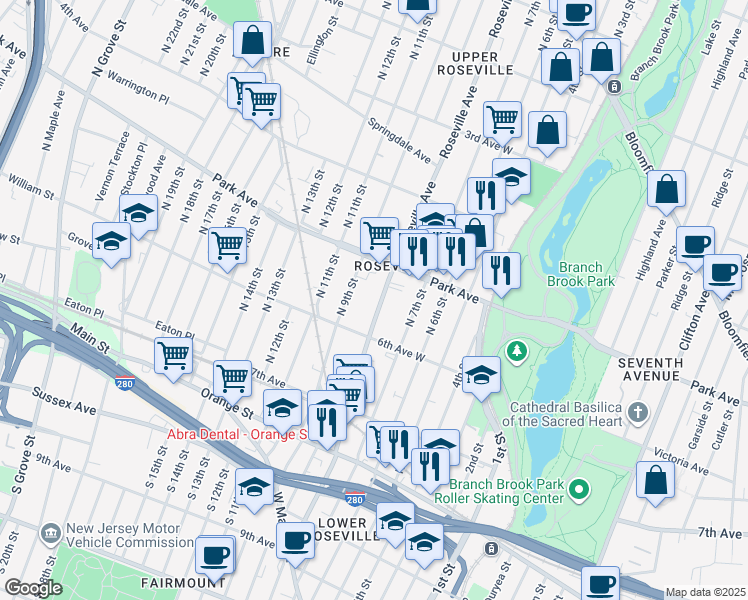map of restaurants, bars, coffee shops, grocery stores, and more near 215 Roseville Avenue in Newark