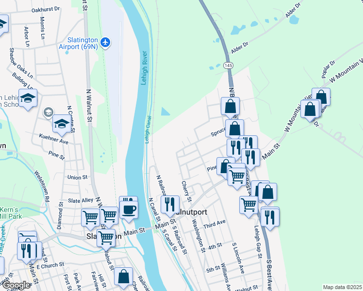 map of restaurants, bars, coffee shops, grocery stores, and more near 213 Spruce Street in Walnutport