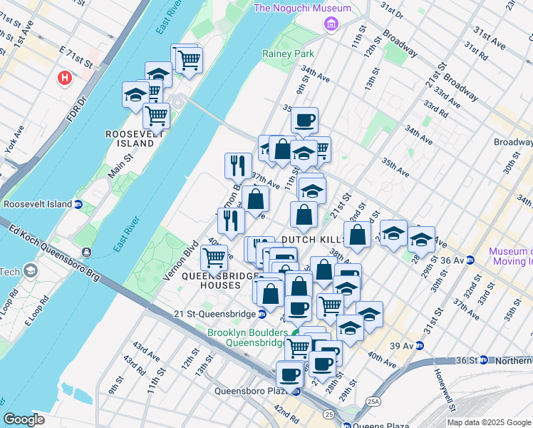 map of restaurants, bars, coffee shops, grocery stores, and more near in Queens